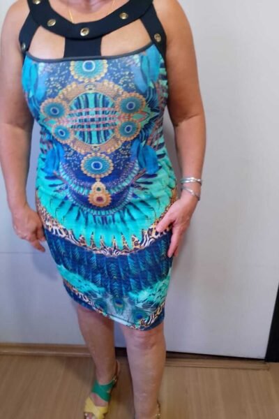 Vestido azul, dourado e preto