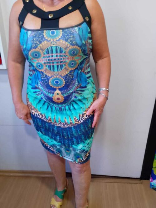 Vestido azul, dourado e preto